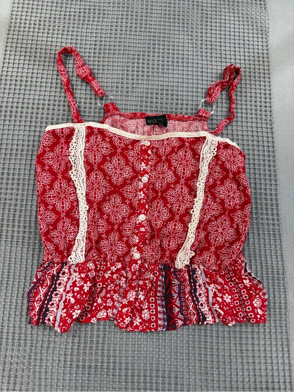 Weavers Y2K Lace Peplum Boho Red Printed Camisole adjustable straps size L